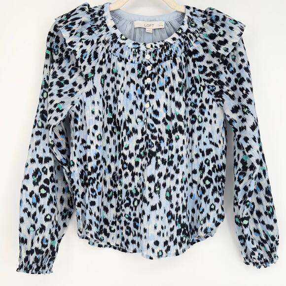 Loft Blue Animal Print Ruffle Collar Long Sleeve Textured Top Size XXSP - Picture 1 of 7